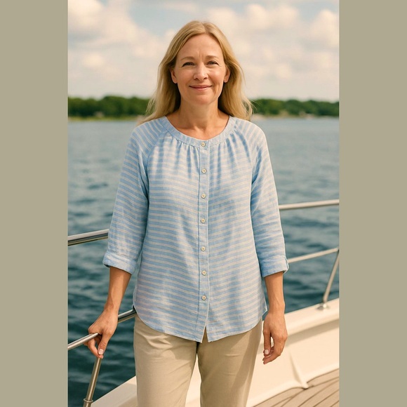 J. Jill Striped Button Down Top Cotton Size Small Blue White - Picture 1 of 7